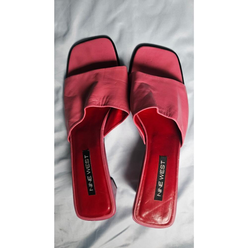 Nine West Square Toe Slide Sandals Pink Leather Mules Y2K 90s Slip On Sz 8.5 - Picture 10 of 14